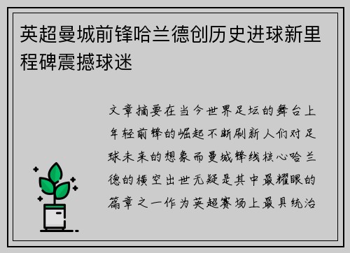 英超曼城前锋哈兰德创历史进球新里程碑震撼球迷